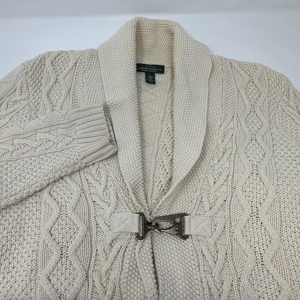LRL Lauren Jeans Ivory Cable Knit Heavy Buckle Closure Cotton‎ Cardigan Large